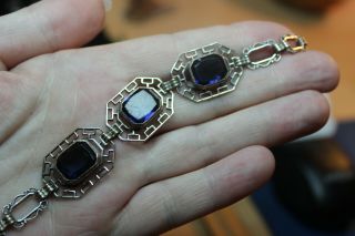 Antique Edwardian Blue Glass and Sterling Silver?? Bezel set Bracelet Art Deco 3