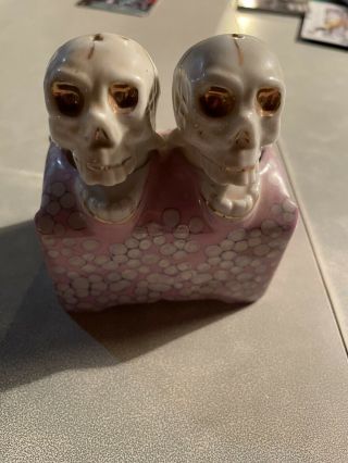Vintage Pink Ceramic Skull Nodder Salt & Pepper Shakers