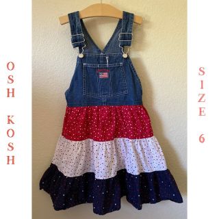 Vintage Oshkosh Size 6 Blue Jean Overall Dress Flag Stars Skirt Osh Kosh Girl 