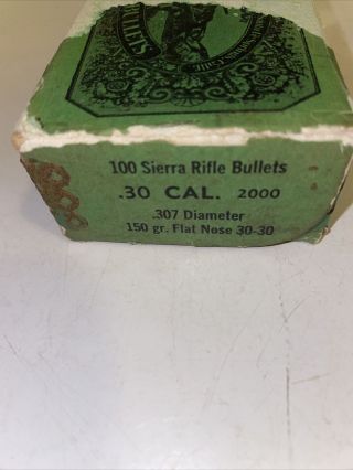 100 Sierra Rifle Bullets.  30 Cal 2000.  307 Diameter 150 Gr Flat Nose 30 - 30