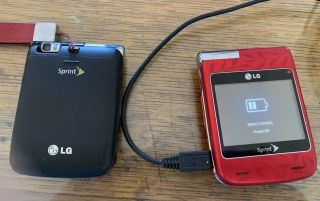 Two Lg Lotus Elite,  Black & Red,  Flip Phone,  Sprint - One Charger Vintage