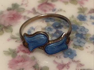 Vintage Arne Nordlie Norway Sterling Silver Blue Guilloche Enamel Ring Sz 4