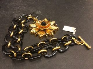 Vtg W Mma Tags Gold Plated Star Burst Flower Design Necklace Black Link