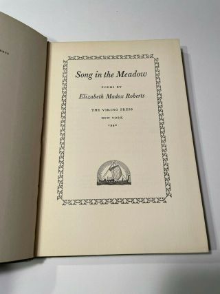 Song in the Meadow by Elizabeth Madox Roberts (1940,  HC/DJ) 1st Edition 2