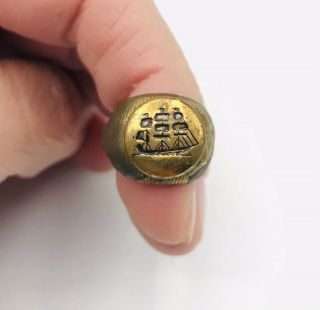 Vintage Gold Tone Toy Ring Child Adjustable Prize Pirate Ship Signet Ring