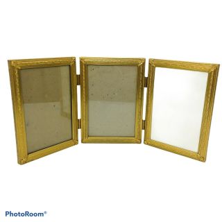 Vintage Triple Tri - Fold 5 " X7 " Hinged Gold Toned Metal Ornate Picture Photo Frame
