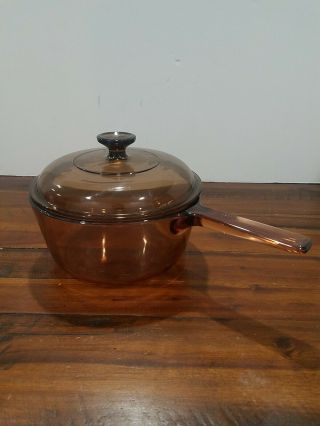 Vintage Corning Ware Visions Visionware Amber Glass 2.  5 Qt Saucepan Pot & Lid
