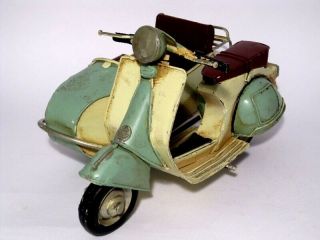 Old Vintage Hand Made Tin Toy " Vespa " Scooter With Side Car