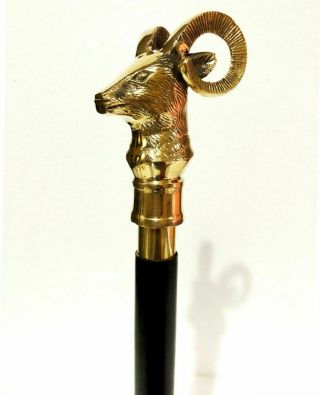Vintage Solid Brass Goat Head Handle Designer Style Wooden Walking Antique Cane