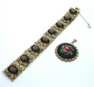 Vintage Gold Gilt Brass Floral Rose Needlepoint Panel Bracelet & Pendant Set
