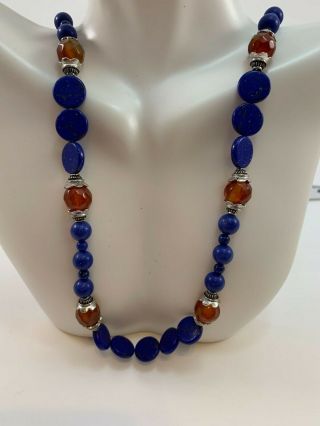 Lapis Lazuli Carnelian Gemstone Beads And Silver Vintage Necklace