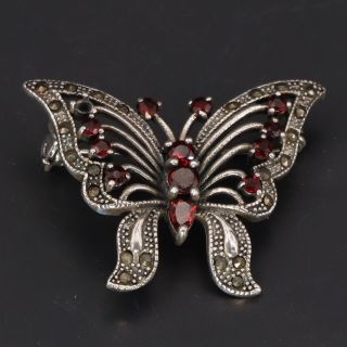 Vtg Sterling Silver Art Deco Marcasite & Garnet Butterfly Insect Brooch Pin 11g