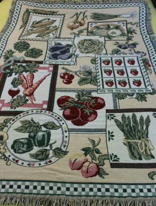 Vintage Goodwin Weavers Cotton Fringed Throw Blanket Garden Vegetables