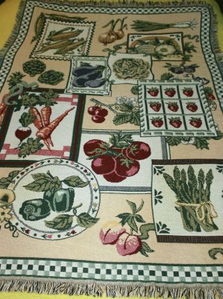Vintage Goodwin Weavers Cotton Fringed Throw Blanket Garden Vegetables 2