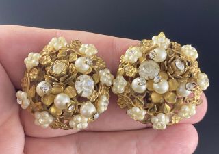 Vintage Gold Tone Rhinestone & Faux Pearl Ornate Clip On Earrings