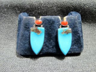 Vintage Native American Inlaid Orange Spiny Oyster & Turquoise Sterling Earrings