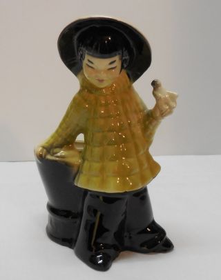 Asian Girl Conical Hat Bird Planter Or Vase Maddux California Pottery Vintage