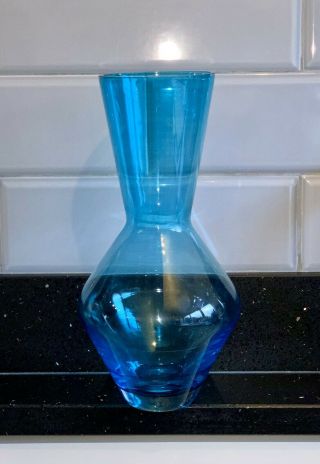 Designer Mid Century Vintage Hand Made Blown Blue Glass Vase Pontil Unique Gift