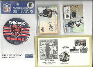 7 Different Chicago Bears Memorabilia - 3 Trading Cards - - Bears Pin - Halas Stamp