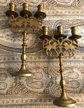 Vintage 1960s Heavy Brass Candlestick Holders With A Lions