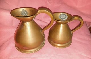 2 Antique Copper Measuring Jugs 1 Pint And 1/2 Pint Lead Proof Marks Vintage