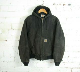 Vtg Mens Carhartt Worn Black Quilt Lined Hooded Workwear Chore Jacket Size L