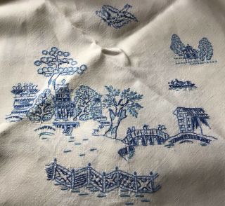 Vintage Hand Embroidered Willow Pattern Tablecloth