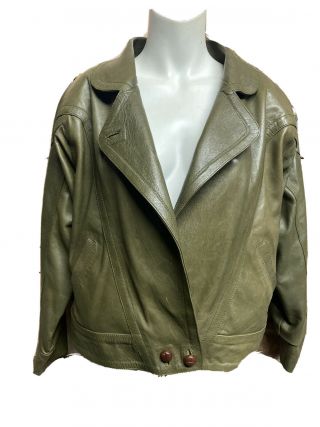 Ladies Leather Jacket Cropped Moss Green Vintage Retro Size M 12 - 14