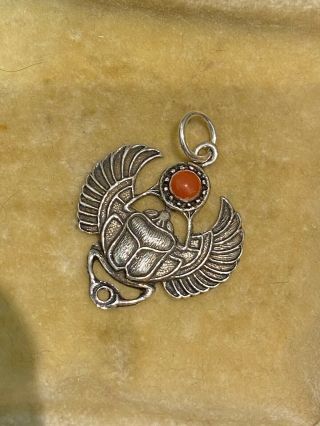 Vtg Sterling Silver Egyptian Revival Scarab Beetle Pendant Set With Coral