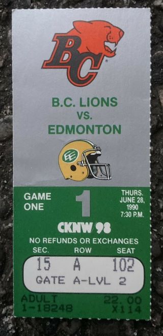 June 28 1990 Cfl Football Bc Lions Ticket Stub Vs Edmonton Eskimos Canada