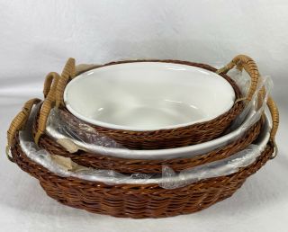 Set Of 3 Vintage Ceramic Oval Casserole Dish With Basket