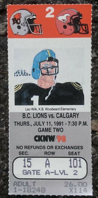 July 11 1991 Cfl Football Bc Lions Ticket Stub Vs Calgary Stampeders Canada