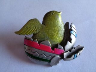 Vintage Signed Jj " Silver Pewter Easter Chick Hatching From Egg " Brooch/pin