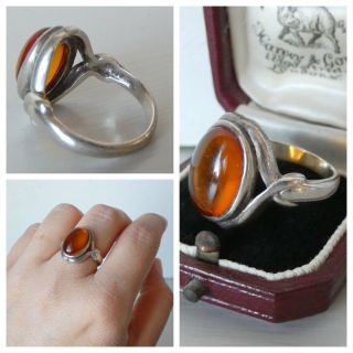 Vintage Sterling Silver 925 Amber Ring Art Nouveau Sinuous Style Classic Boho