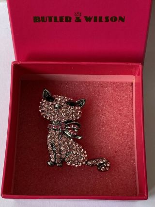 Vintage Butler & Wilson (b&w) Signed Pink Crystal Cat Brooch Pin - Boxed