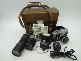 Vintage Canon Ft Ql 35mm Camera With Three Lenses,  Vivtar Flash,  & Case