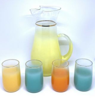 Vtg Mcm Blendo Glass Juice Pitcher & Glasses Set Multi Color Orange Aqua Yellow
