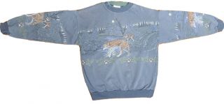Vtg 90s Artisans Graphic Sweatshirt Wolves Wolf Gray/blue W/moon Size L Usa Made