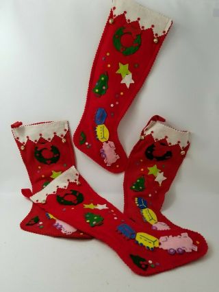 Vtg 4 Red Felt Christmas Stockings With Applique Wreath Tree Train Jingle Bells