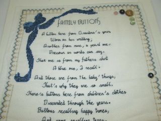 Completed Counted Cross Stitch Sampler Vtg Family Buttons Poem 14x17 " Unframed
