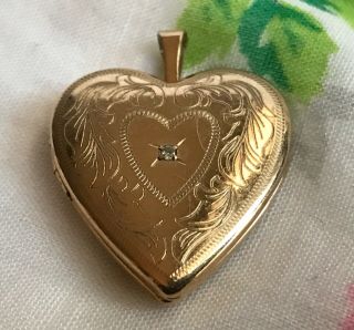 Vintage 14k Gold Filled Etched Heart Locket Charm With Single Diamond