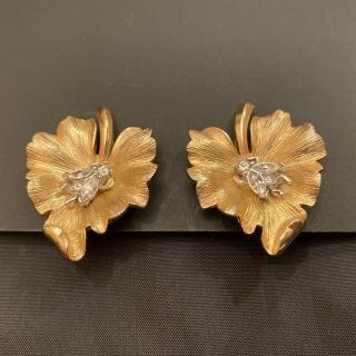 Vintage Crown Trifari Brushed Gold Tone Leaf With Rhinestone Bug Clip Earrings