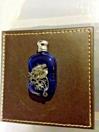 Small Cobalt Blue Glass Vintage Perfume Bottle With Metal Flower
