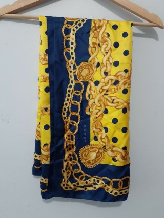 Vintage Echo Silk Scarf Blue Yellow Gold Chain Link 100 Silk Square 35 