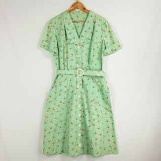 Handmade Vintage Womens Size M 12 - 14 Green Floral Collared Dress Homemade Belt