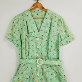 HANDMADE Vintage Womens Size M 12 - 14 Green Floral Collared Dress Homemade Belt 2