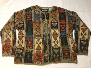Vintage Hand - Knit Cardigan Sweater Silk Blend Aztec Design Xl