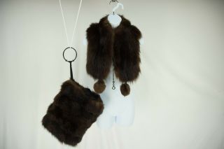 Luxurious 1940s Long Hair Mink Fur Scarf With Pompoms & Matching Hand Muffs