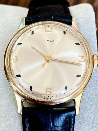 Vintage Timex 1970 Gold Tone Mercury Mens Hand Wind Watch Black Leather Band