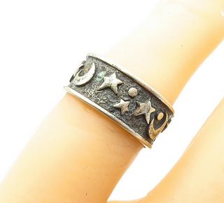 Silver Cloud 925 Silver - Vintage Crescent Moon & Stars Band Ring Sz 6 - R13665